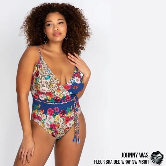 JOHNNY WAS FLEUR BRAIDED WRAP ONE PIECE SWIMSUIT IN FLORAL BLUE PLUS SIZE 2X NEW - Picture 15 of 15